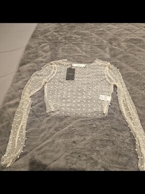 Luxe Pearl-Embellished Sheer Long-Sleeve Crop Top - Cream